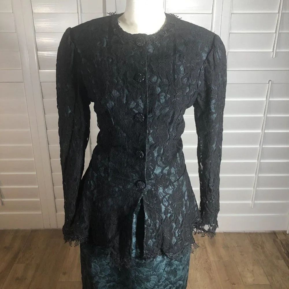 Vtg Teal 2 Piece Skirt Suit Set M Lace Overlay Peplum 80s 90s Holiday Wedding